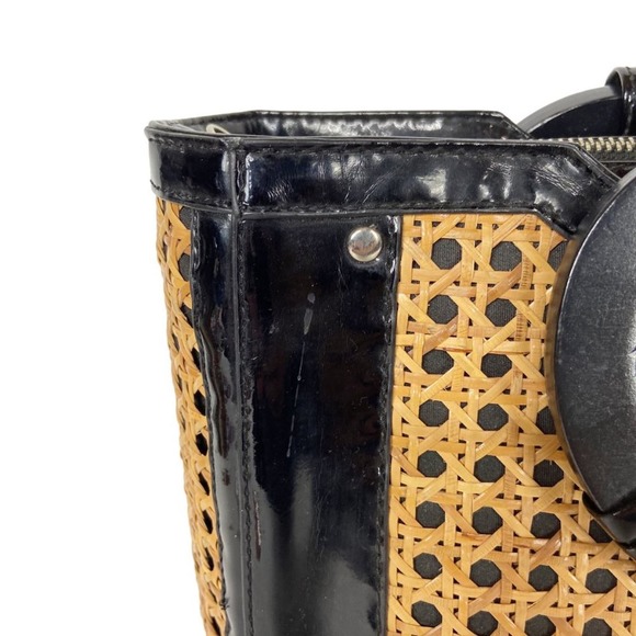 White House Black Market Straw Bag Wicker Black Patent Leather Handbag Tote - Picture 7 of 12